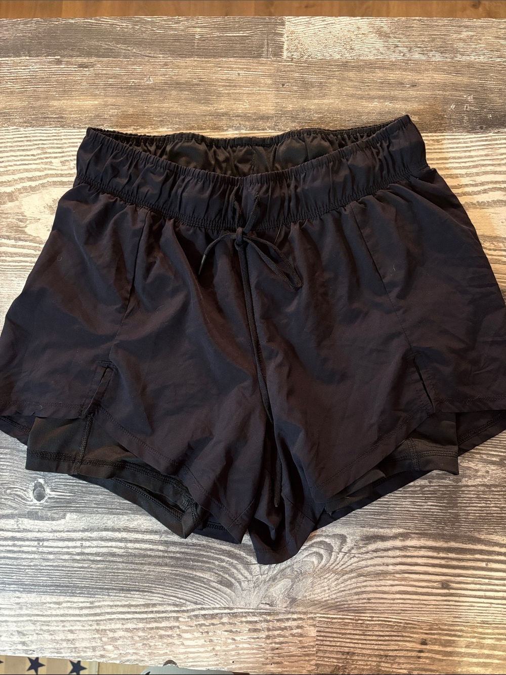 Avia Black Layered Athletic Shorts with Drawstring Waist and biker liner